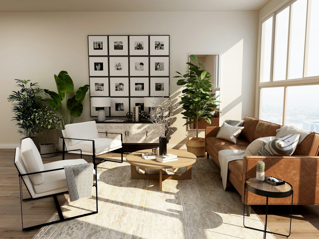 Bright contemporary living room with refined furnishings and open-plan space